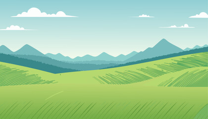 An illustration of serene landscapes of hills and mountains under the sky