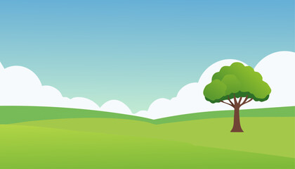 A serene landscape illustration features a single tree on a green hill under a bright blue sky with fluffy clouds. The scene evokes a sense of peace and tranquility.