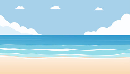 A serene beach scene with crystal-clear water under a bright sky. The beach features calm waves and gentle clouds adding a peaceful vibe to the place