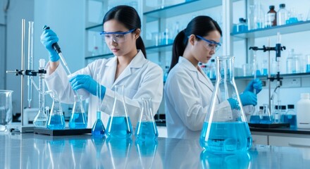 Fototapeta premium Two asian scientists are experimenting with blue liquid in a laboratory