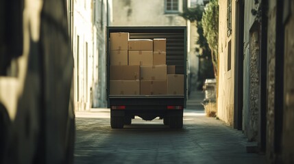 Truck Loaded with Cardboard Boxes Moving Through a Narrow European Street