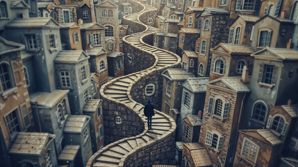 Obraz premium Surreal miniature cityscape with winding cobblestone path through detailed architectural buildings creating dreamlike urban fantasy world