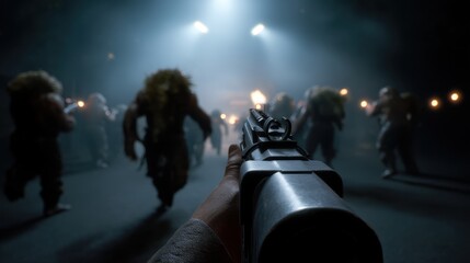 Intense first person shooter game scene with weapon and enemies