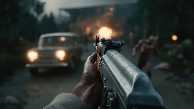 Intense first person shooter scene with weapon and enemies