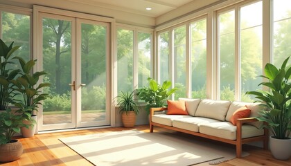 Fototapeta premium Bright sunroom interior with large windows offering garden views. Comfortable seating area with potted plants. Natural light fills the airy space, creating a relaxing atmosphere ideal for leisure.