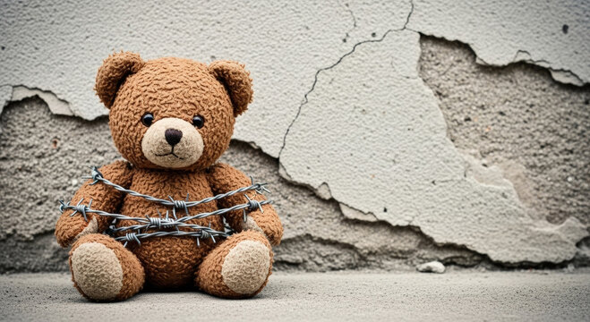 Barbed Wire Teddy Bear cracked stucco background wall. Stuffed toy wrapped in barbed wire, against broken backdrop; symbolic, emotional, concept art, childhood trauma, psychological themes. Copy Space