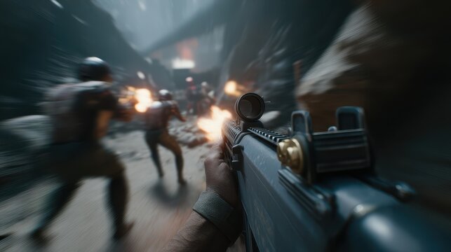 Intense fps gameplay scene with weapon in foreground and enemies in background