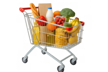 Shopping cart loaded with fresh produce, dairy, bread, and canned items, positioned against transparent backdrop