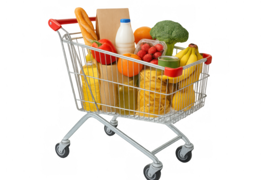 Shopping cart loaded with fresh produce, dairy, bread, and canned items, positioned against transparent backdrop