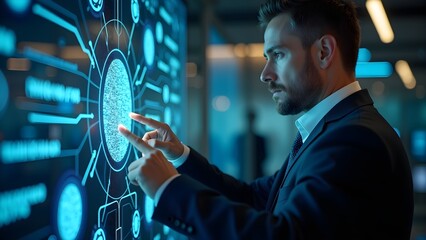 Businessman Using Interactive Cybersecurity Hologram for Network Defense