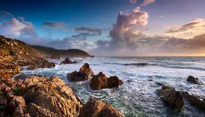 Obraz premium serene coastal landscape with dramatic sky and rocky shoreline
