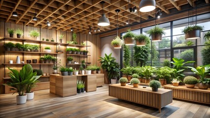 Fototapeta premium A modern plant shop interior with wooden shelves, hanging plants, and natural light