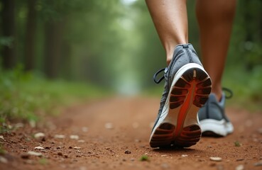 Runner feet in athletic shoes walk on a dirt road through a forest. Close-up on the textured soles of the sneakers shows movement and stride. Outdoors, fitness activity in a natural, sunny landscape.