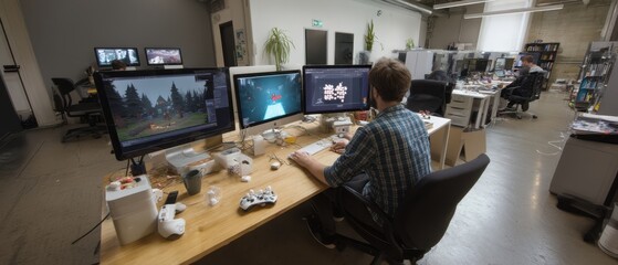Game development studio workspace with multiple screens and active designers