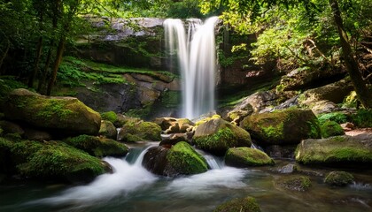 a serene waterfall surrounded by vibrant flowers and glowing butterflies in a lush forest