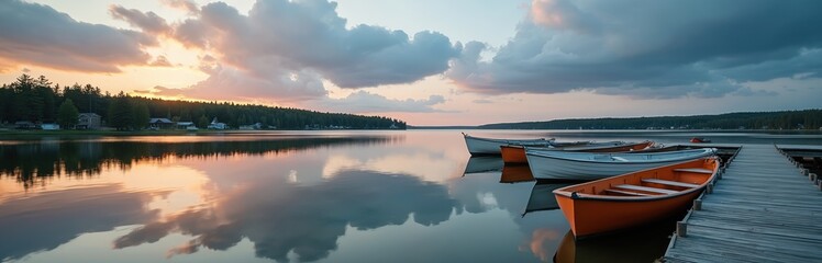 Naklejka premium Calm lake at sunrise in Swedish Lapland. Rowboats docked at wooden jetty. Pastel sky clouds reflect in crystal clear water. Northern Sweden tourism, subpolar landscape, summer dusk.