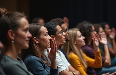 Diverse audience, men, women, seated in row raising hands to ask speaker questions after talk master class. Focus on participation, engagement during business meeting, conference, educational session.