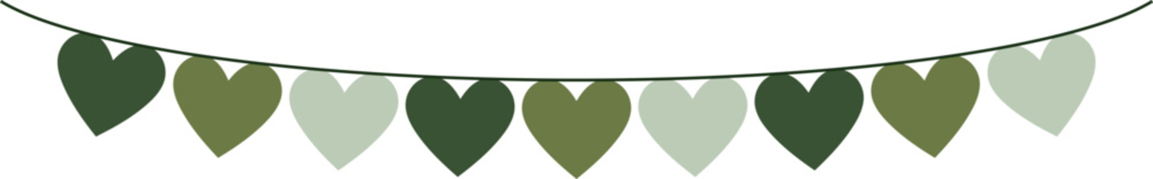 Bunting Banner with Heart Shape Flags - Decorative bunting banner in shades of green hung on a thin string