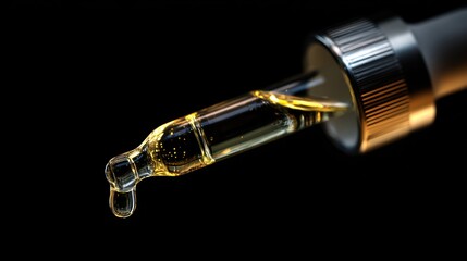 Droplet of golden liquid from a dropper bottle