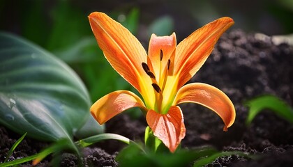 Obraz premium a vibrant orange lily sprout emerging amidst lush green foliage embodying growth and natural renewal