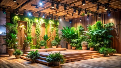 A wooden stage decorated with plants creates a vibrant indoor event space