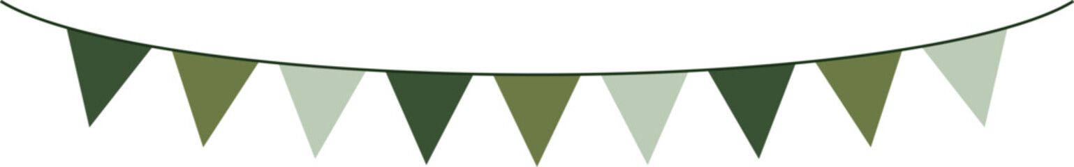 Bunting Banner with Triangle Shape Flags - Decorative bunting banner in shades of green hung on a thin string