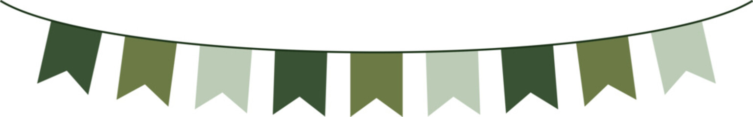 Bunting Banner with Ribbon Tail Flags - Decorative bunting banner in shades of green hung on a thin string