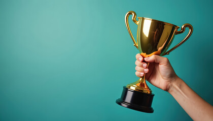 Hand holding gleaming gold trophy against teal background. Symbolizes success, victory, achievement, championship, and award recognition. Perfect for sports, business, or academic achievements.