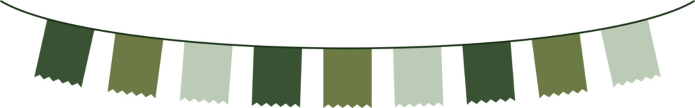 Bunting Banner with Zig Zag Edge Flags - Decorative bunting banner in shades of green hung on a thin string