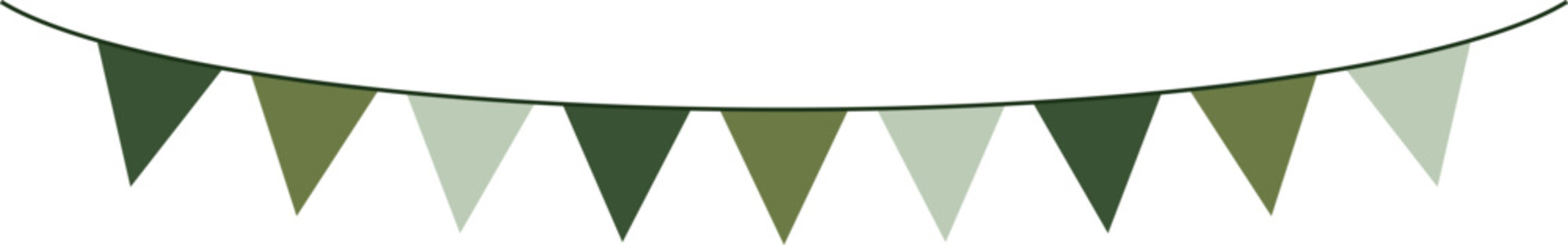 Bunting Banner with Triangle Shape Flags - Decorative bunting banner in shades of green hung on a thin string