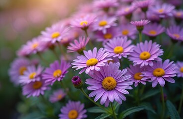 Obraz premium Close-up of blooming purple Michaelmas daisies Aster amellus in a sunny autumn garden. Delicate petals surround vibrant yellow centers, creating a beautiful floral background with soft light effects.