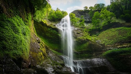 Obraz premium majestic waterfall cascading down a rocky cliff surrounded by lush greenery