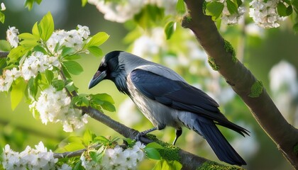 Obraz premium grey crow sitting on a tree branch adorned with vibrant green leaves and delicate white flowers enjoying pleasant spring weather while searching for food in a serene environment