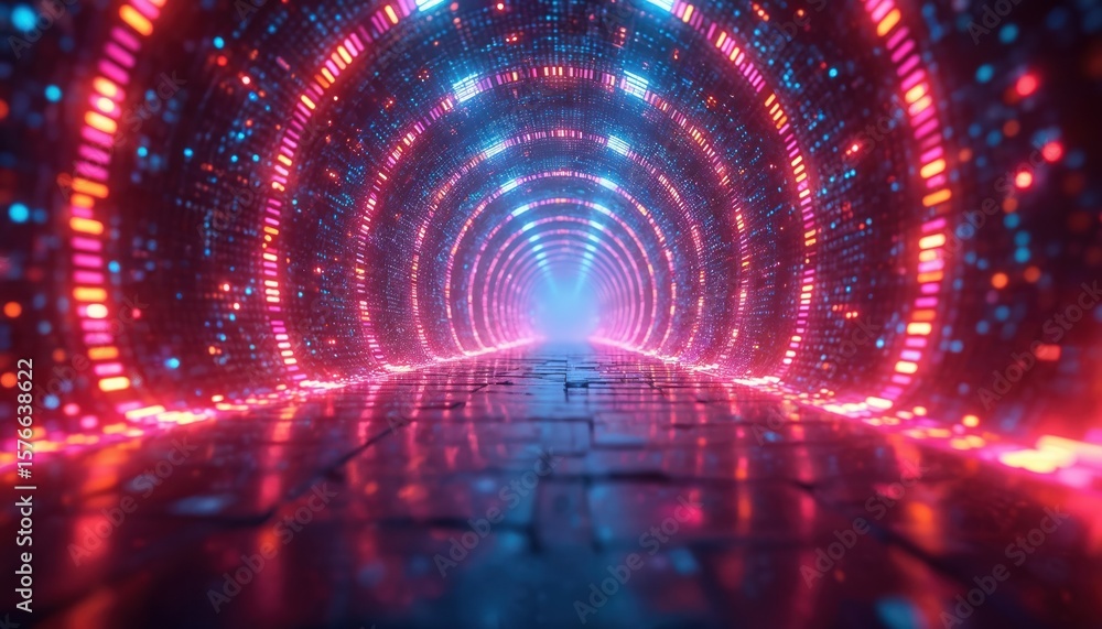 Poster abstract digital tunnel with glowing blue, red circles, lines. big data concept, futuristic cyberspa