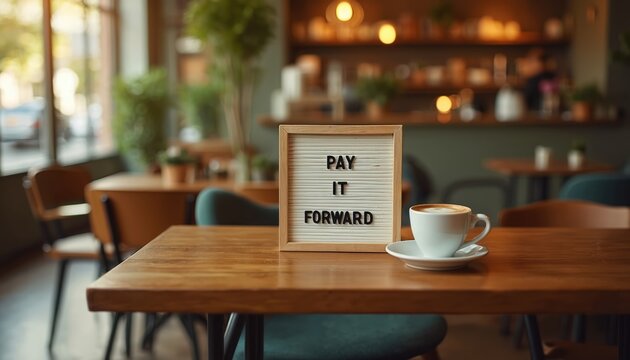 Cozy coffee shop scene promoting World Kindness Day with Pay Forward message board. Warm cup of coffee sits nearby, inviting community spirit, acts of generosity. Celebrate compassion, connection in