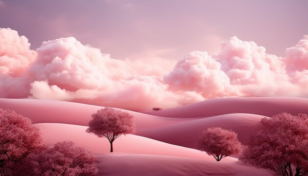 dreamy pastel pink landscape with rolling hills fluffy clouds and delicate trees under sky