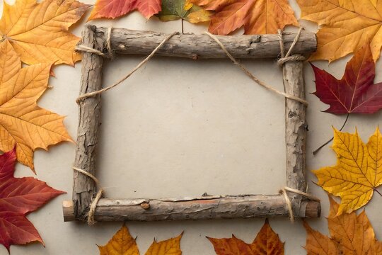 Flat lay of twig photo frame with jute corners and fall leaves