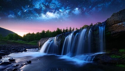 ethereal waterfall at dusk a mystical cascade underneath a starry night sky