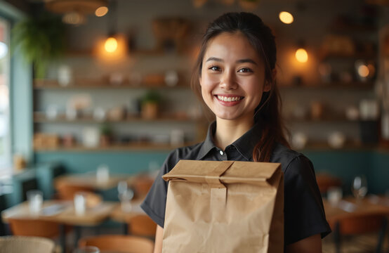 Smiling waitress holds paper bag with take-away food. Young woman in uniform provides customer service in restaurant cafe. Efficient order pick-up and delivery concept.