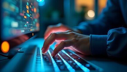 Close-Up of Hands Typing on Wireless Keyboard with Futuristic UI Overlays