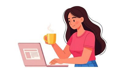 Flat cartoon woman using laptop in a coffee shop, freelance work scene.
