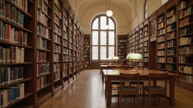 A realistic interior of a university library with high bookshelves, soft lighting, and wooden tables

