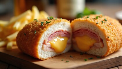 Delicious Cordon Bleu stuffed with ham, melted cheese, served with golden french fries. Crispy breaded chicken cutlet on rustic wooden board. Perfect for gourmet dining, culinary blog, restaurant