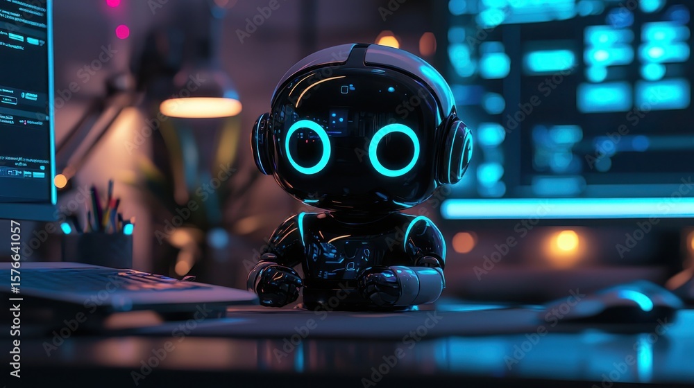 Aufkleber charming robot with luminous features at modern workspace in evening