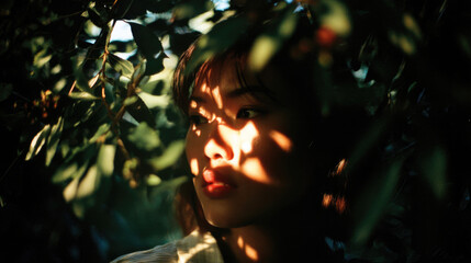女, 女性, 木, 森, 公園, 木漏れ日, 茂み, 茂みに潜む女性, woman, female, woman lurking, trees, forest, park, sunlight through trees, bush, bushes