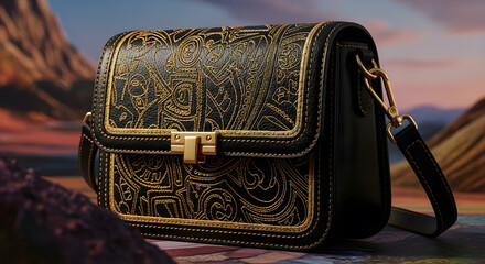 Black Leather Shoulder Bag with Ornate Gold Detailing