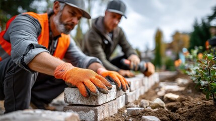 Workers laying paving stones