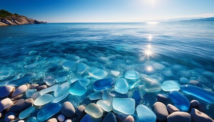 calm blue water with textured glass pieces creating serene and tranquil atmosphere shades of blue evoke sense of peace and relaxation