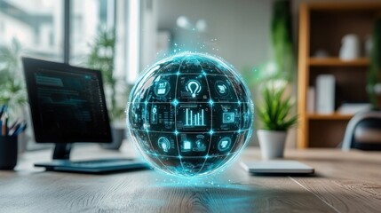 Digital Sphere of Icons Representing Modern Technology and Connectivity