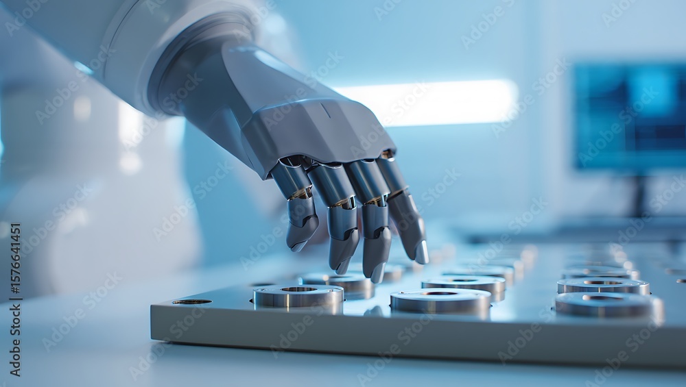 Poster close-up of a robot hand touching metal buttons, robotic precision and human-machine interface in fu